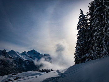 Scenic view of snow covered mountains against sky