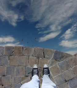 Low section of man standing against sky