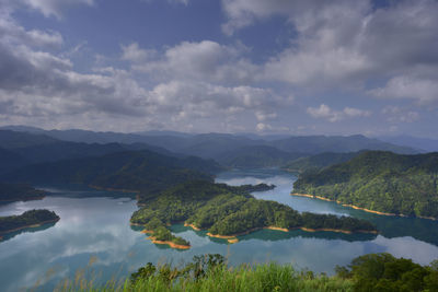 Scenic view of lake and mountains against sky