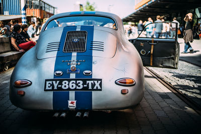 Close-up of vintage car on street