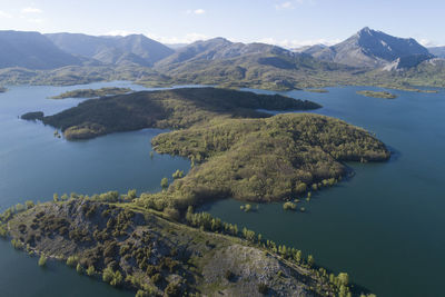 Porma's reservoir and dam from aerial view