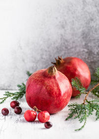 Ripe red pomegranates with crabapples, cranberries and green twig of coniferous tree.