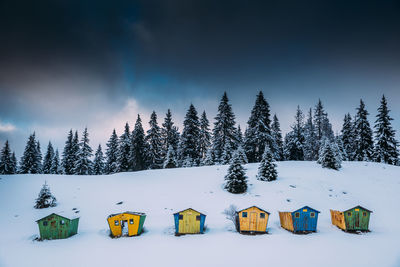 Cottages on snow covered landscape against sky