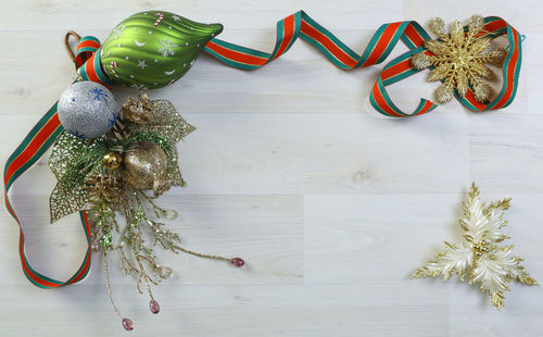 High angle view of christmas decoration on wooden table