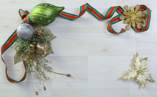 High angle view of christmas decorations on table