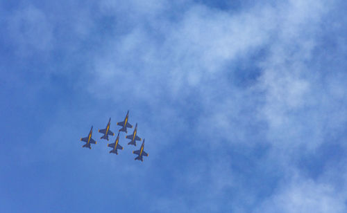 Low angle view of airplane flying against sky