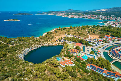 Aerial view of dragon eye lake in rogoznica town, croatia