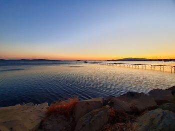 Scenic view of sea against clear sky during sunset