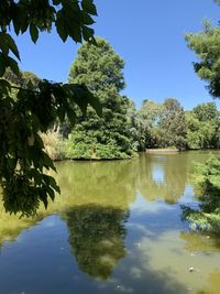Scenic view of lake against clear blue sky