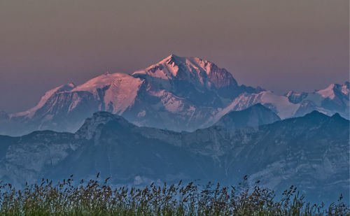 Scenic view of snowcapped mountains against sky during winter