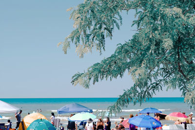 People on beach against clear sky