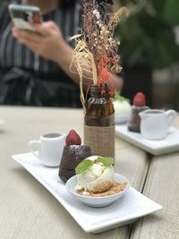 Close-up of dessert served on table