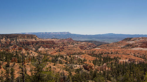 Scenic view of landscape and mountains against clear sky