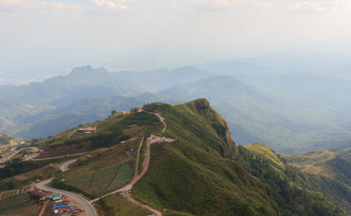 High angle view of mountains against sky