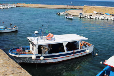 High angle view of boats moored in sea