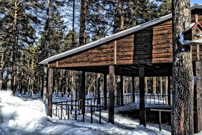 Built structure on snow landscape against trees