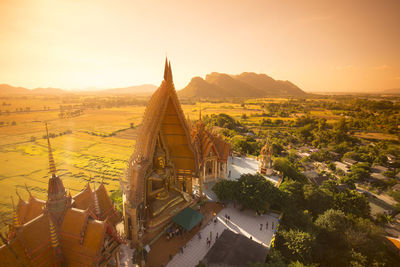 High angle view of temple by landscape against sky