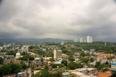 Aerial view of buildings in city against sky