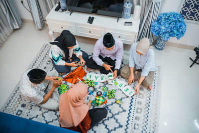 High angle view of girl painting