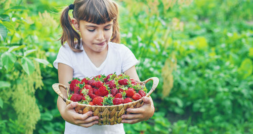 Cute girl with basket of strawberries