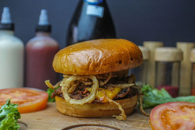 Close-up of burger on cutting board