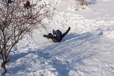 Child sliding down a snow track in the park.