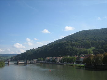 Scenic view of river by mountains against sky