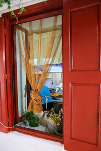 Potted plants seen through window of house