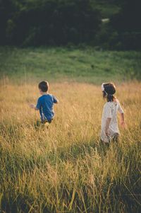 Rear view of siblings playing on field