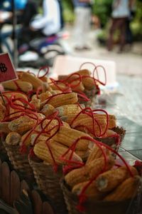 Close-up of wicker basket for sale