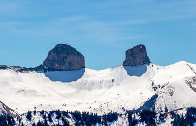 Scenic view of snowcapped mountains against clear blue sky