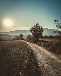 Road amidst trees on field against sky