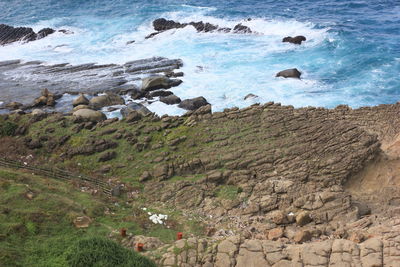 High angle view of rocks on beach