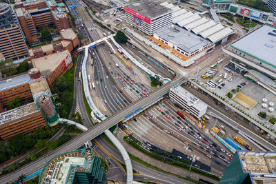 High angle view of modern buildings in city