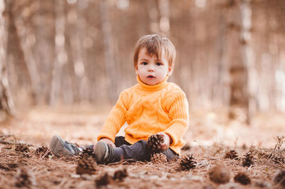 Portrait of cute boy sitting in forest