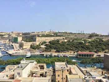 High angle view of buildings against clear sky