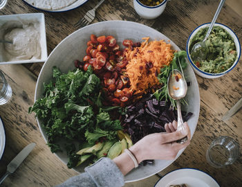 High angle view of food served on table