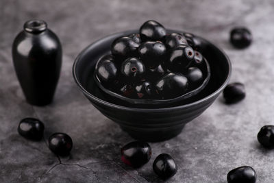 High angle view of fruits in bowl on table