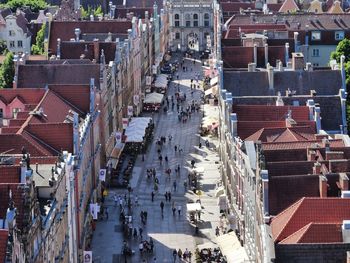 High angle view of people on street in city