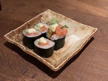 High angle view of sushi on plate