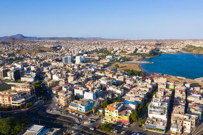 High angle view of buildings in city