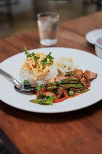 Close-up of food served on table