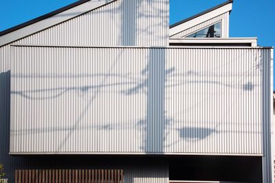 Low angle view of modern building against blue sky