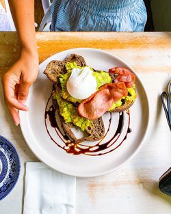 High angle view of food served on table