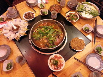 High angle view of food served in plate