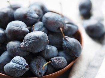 Large autumn blue plums lie in a natural clay bowl. natural fruits from the garden.