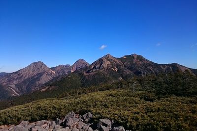 Scenic view of mountains against clear blue sky