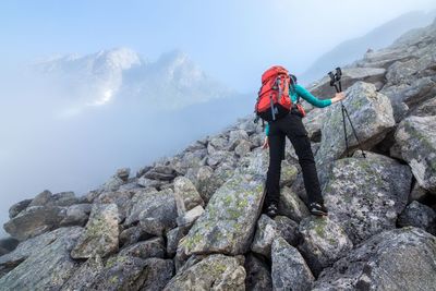 Rear view of person rock climbing