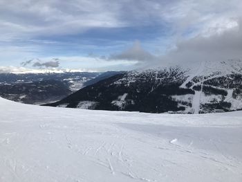 Scenic view of snowcapped mountains against sky