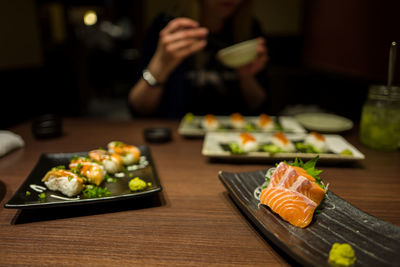 Close-up of fresh seafood served on table at restaurant